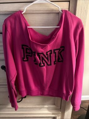 PINK Victoria's Secret Bright Pink Off-the-Shoulder Sweatshirt with Black Logo